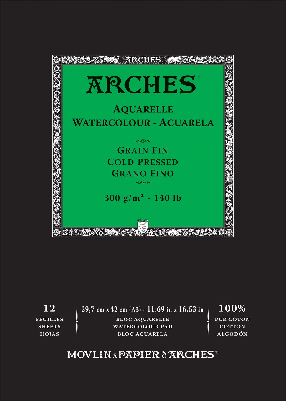 Arches Aquarelle Cold Pressed Watercolor Pad 11.69"X16.53"- 140lb, 12 Sheets